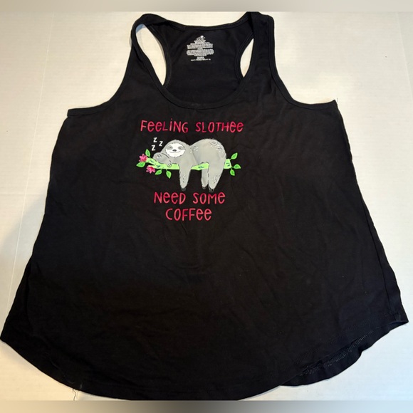 Women’s Medium Black Secret Treasures Sloth Coffee Tank Top - Picture 1 of 4